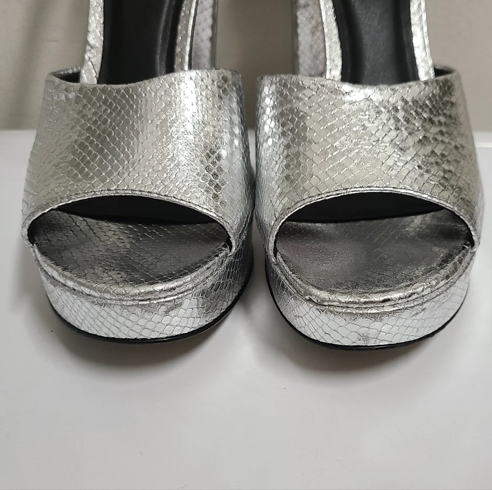 RAYE Dune Metallic Silver Snakeskin Embossed Leather Platform Heels Sz 10
